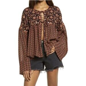 Free People Women's Malia Embellished Floral Babydoll Top Black Combo medium